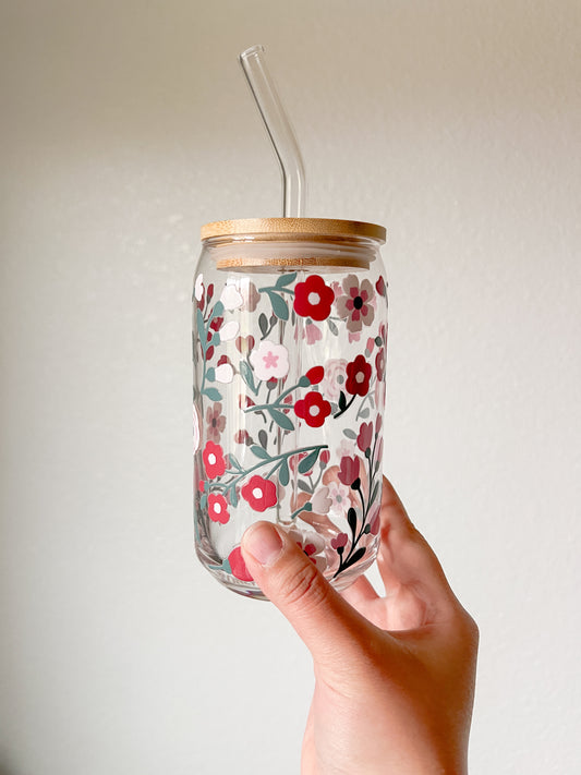 Pink & Red Flowers Glass Cup