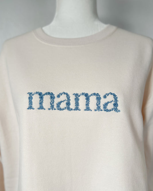 Mama Embroidered Crewneck, Dusty Blue