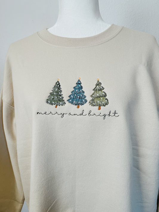 Merry & Bright Christmas Trees Embroidered Crewneck