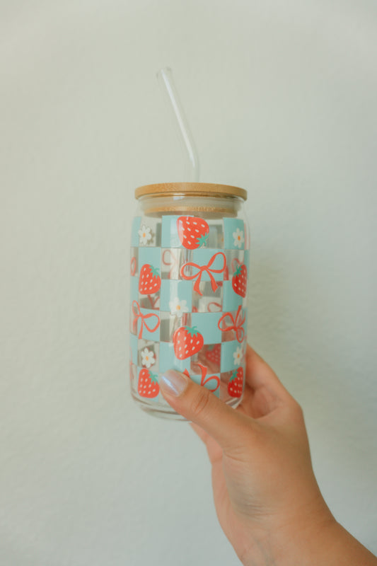 Checkered Strawberry Glass Cup