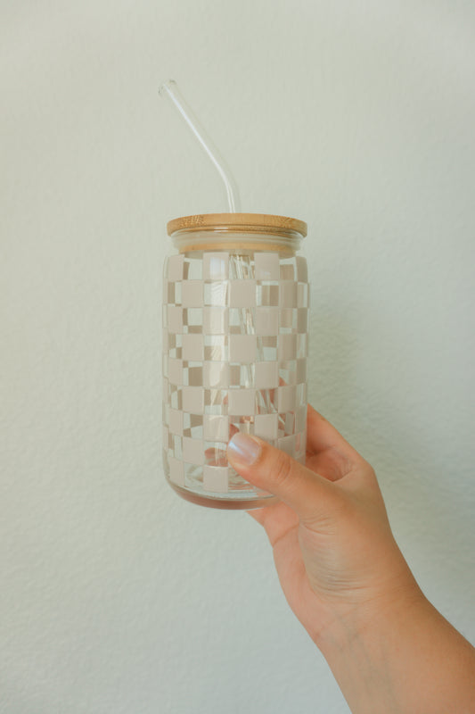 Tan Checkered Glass Cup