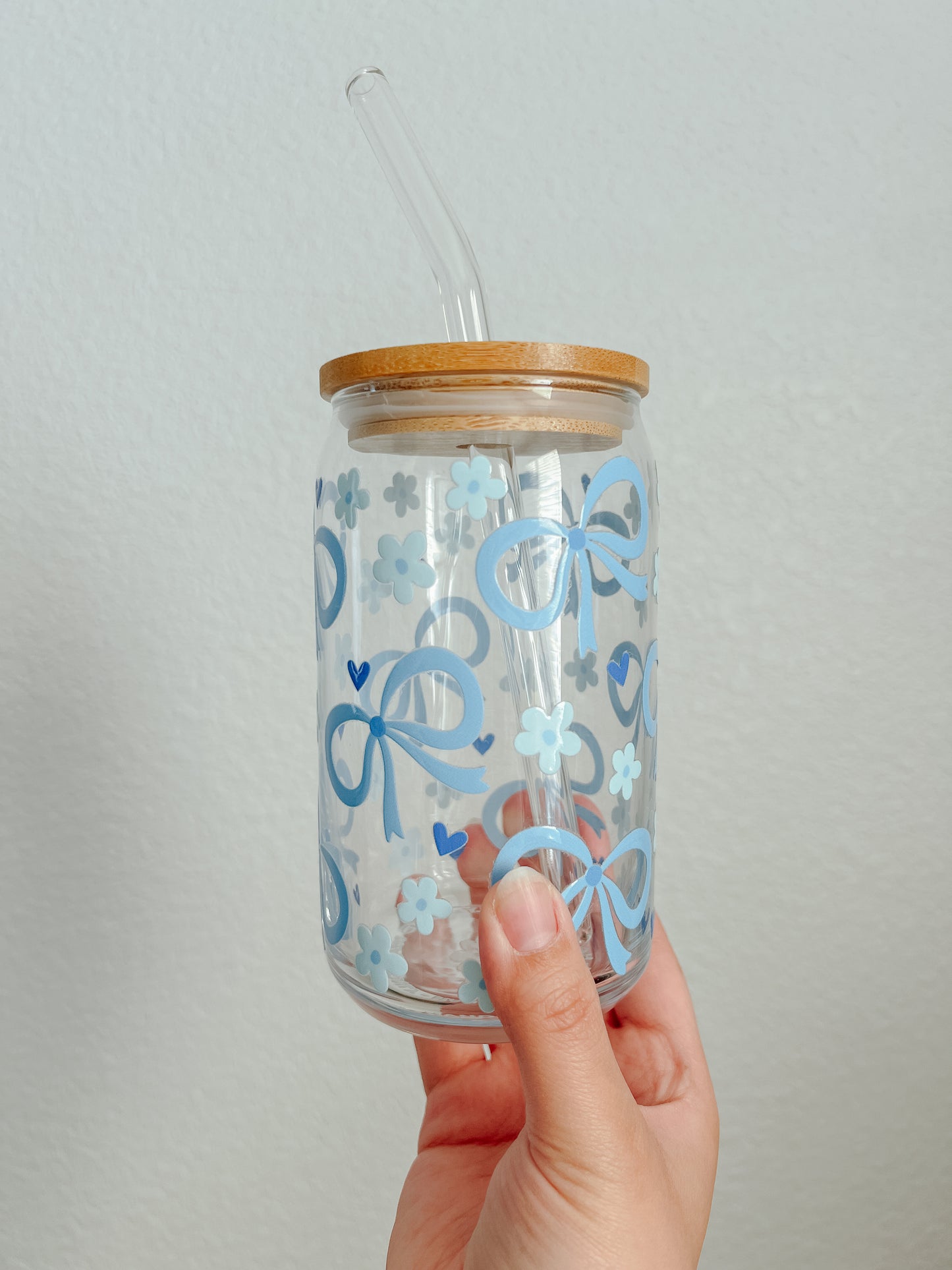 16 oz. Glass Cup, Blue Coquette Bow