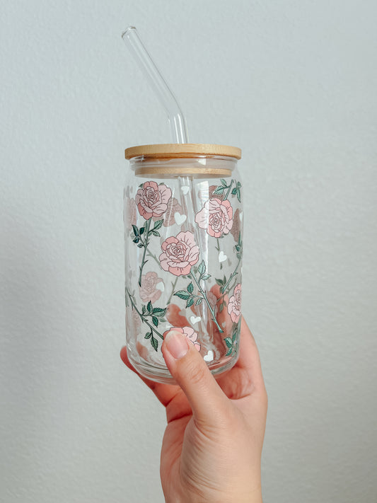 16 oz. Glass Cup, Romantic Roses