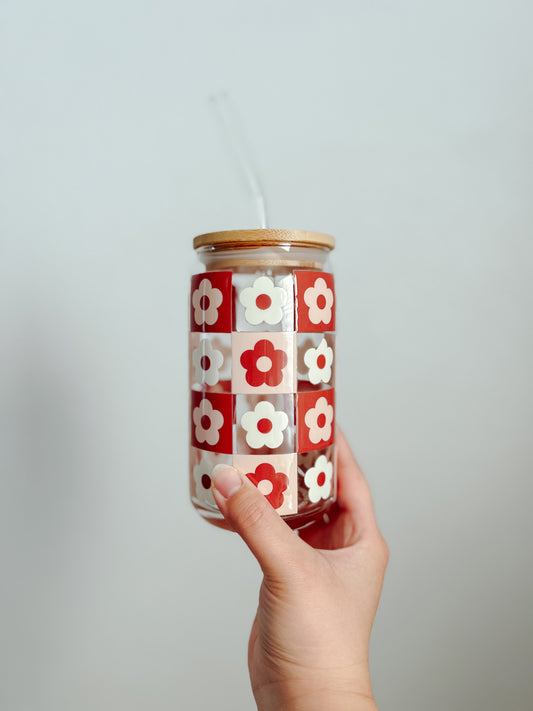 16 oz. Glass Cup, Retro Flower Coffee