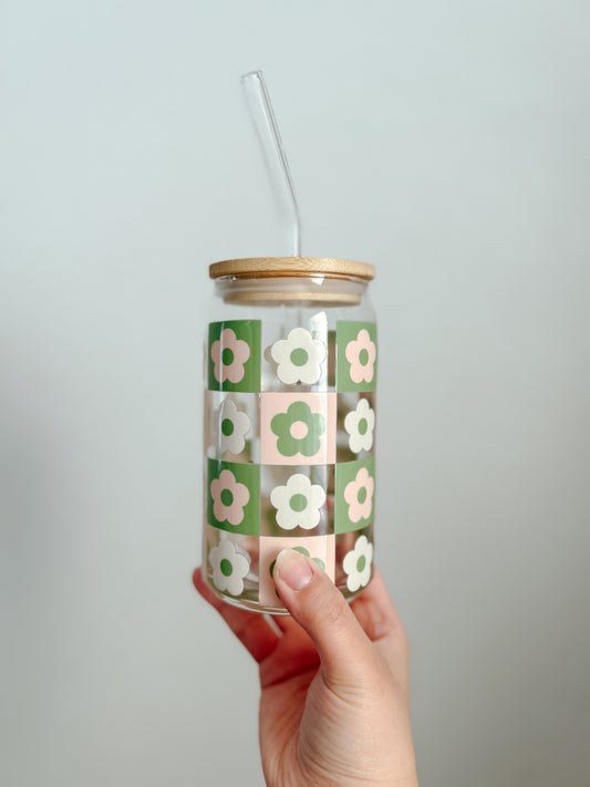 16 oz. Glass Cup, Retro Flower Matcha