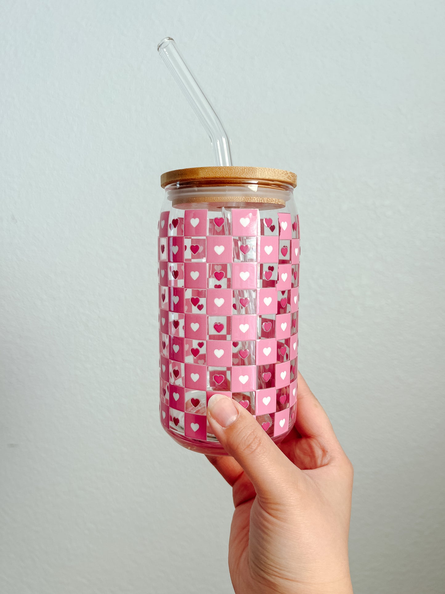 16 oz. Glass Cup, Checkered Pink Heart