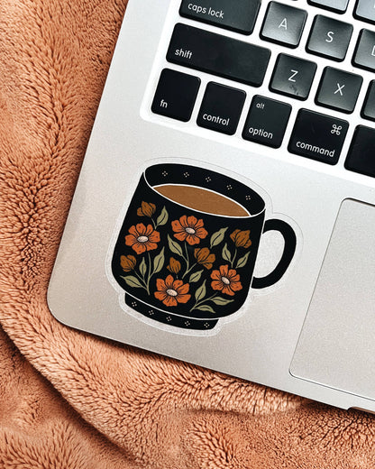 Tea Cup / Coffee Mug Floral Vinyl Sticker Clear Background