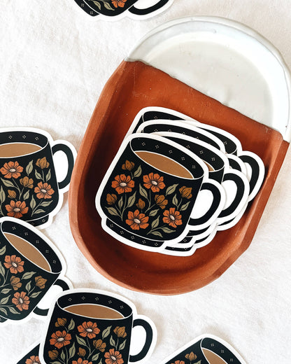 Tea Cup / Coffee Mug Floral Vinyl Sticker Clear Background