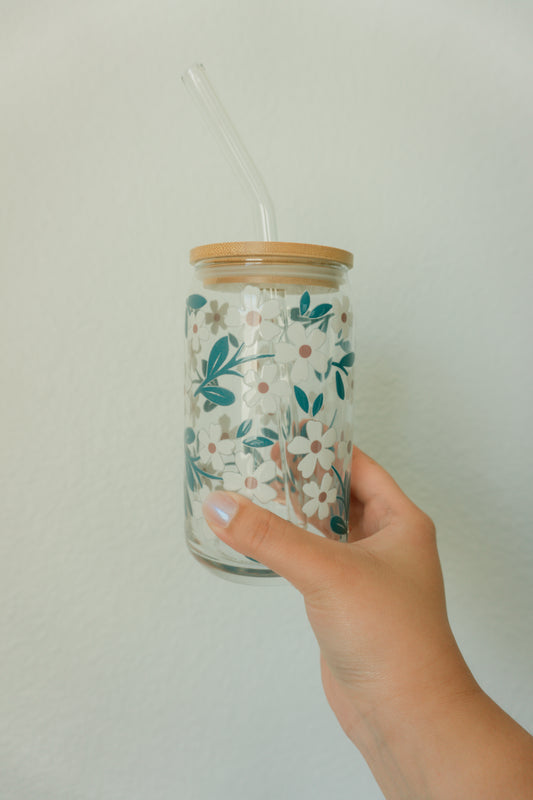 16 oz. Glass Cup, White Daisy