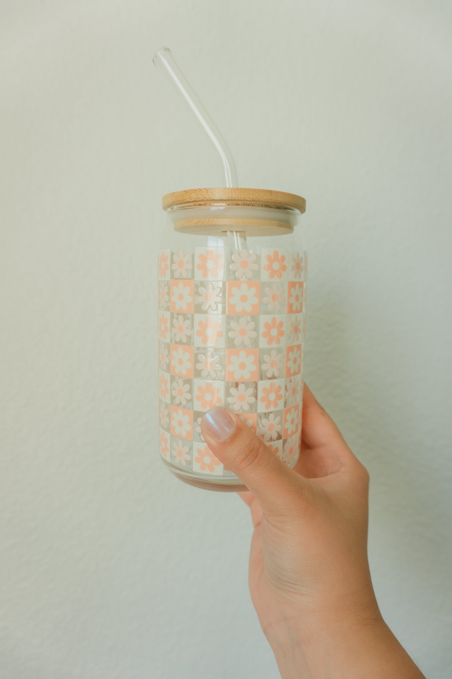 16 oz. Glass Cup, Checkered Flower