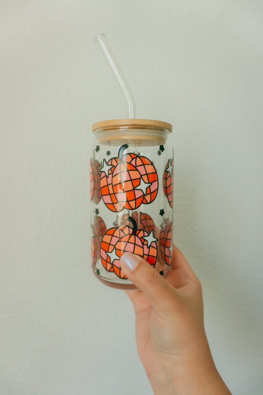 16 oz. Glass Cup, Disco Pumpkin