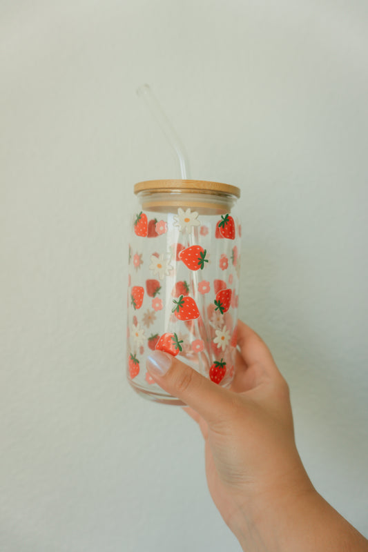 16 oz. Glass Cup, Strawberries & Daisies