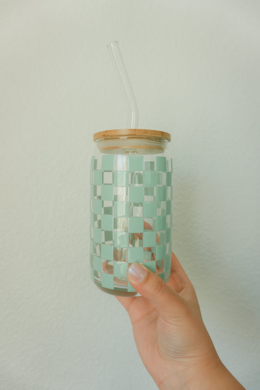 16 oz. Glass Cup, Sage Green Checkered