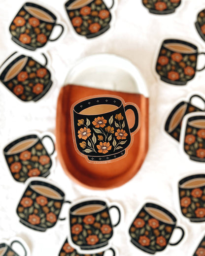 Tea Cup / Coffee Mug Floral Vinyl Sticker Clear Background