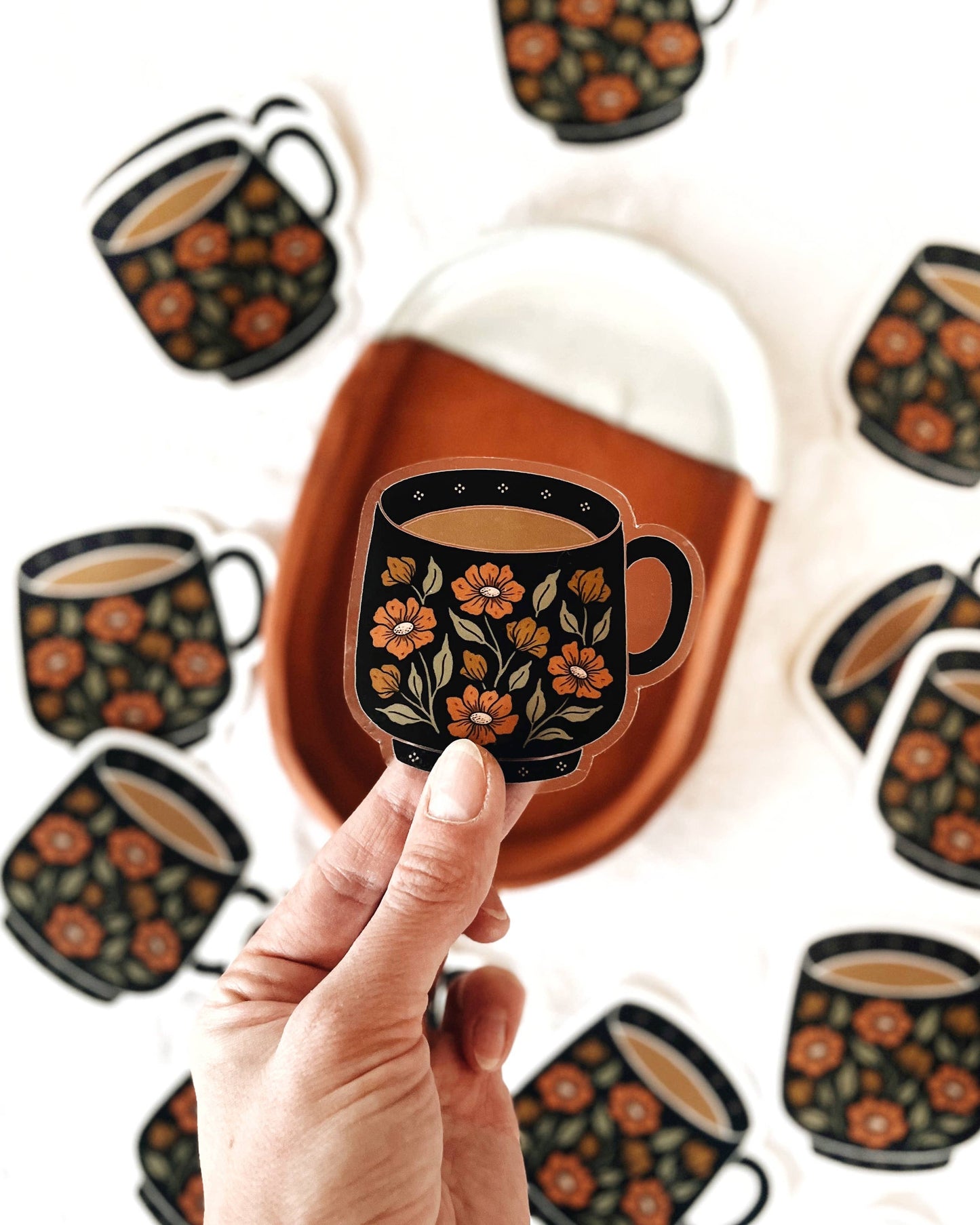 Tea Cup / Coffee Mug Floral Vinyl Sticker Clear Background